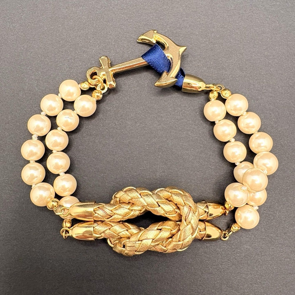 Vintage Kiel James Patrick Anchor Sailor's Knot Double Faux Pearl Bracelet 7.5"